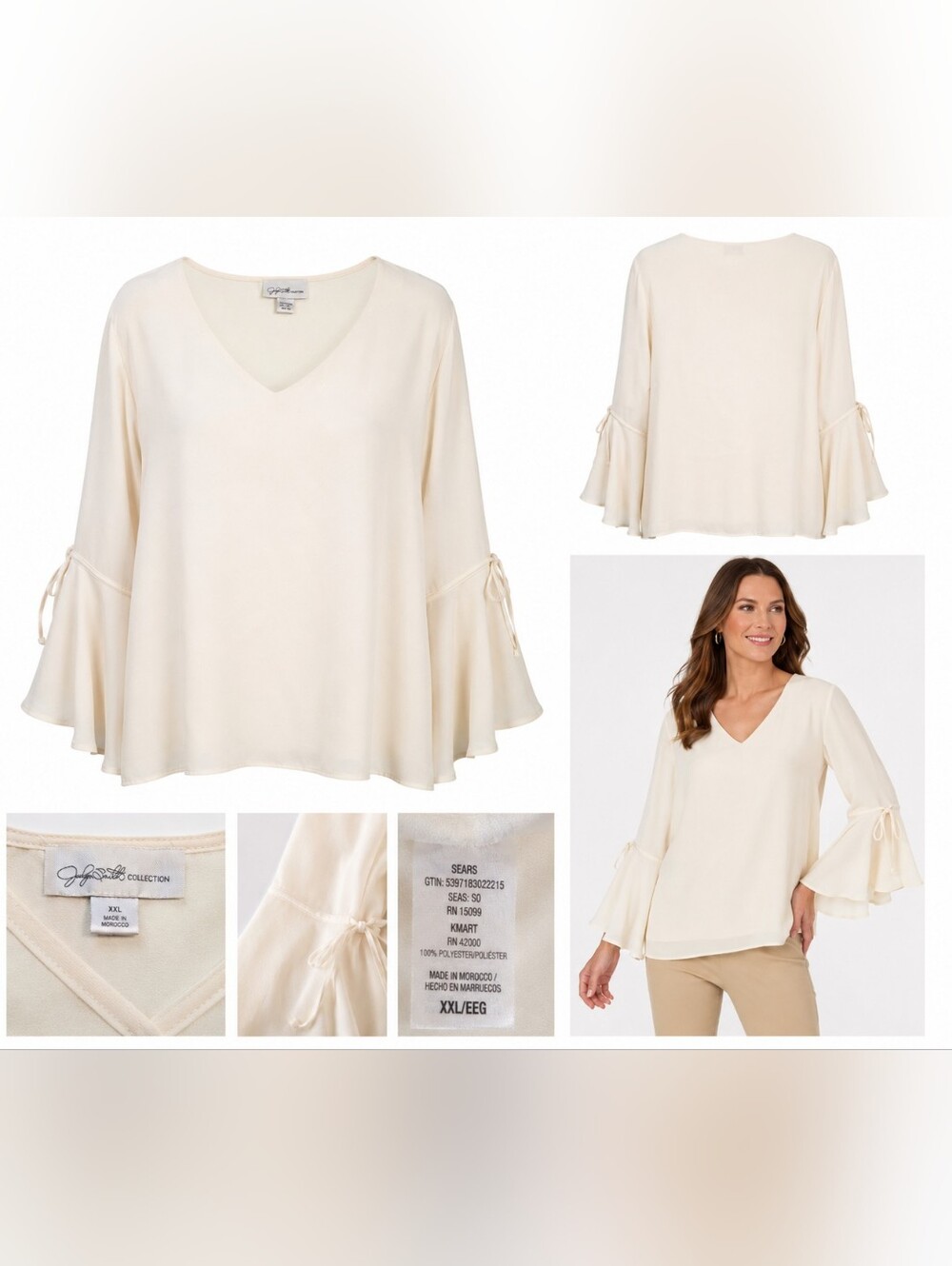 Jaclyn Smith Collection Women's XXL Ivory V-Neck Bell Sleeve Blouse Flowy Top.